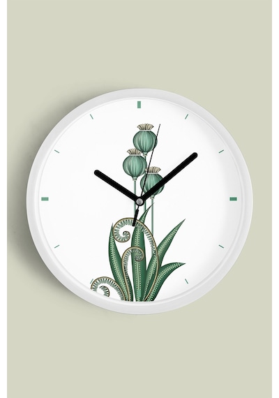 Yeşil Bitki Desenli Modern Dekoratif Duvar Saati - 25cm - Önü Camlı Beyaz Kasa - Sessiz Mekanizma-jh1196 Beyaz