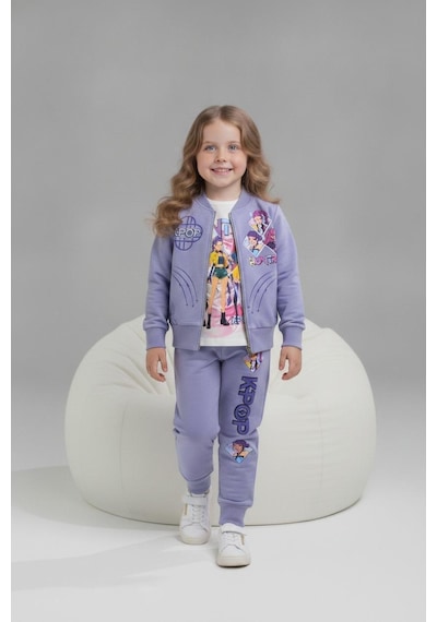 Karakter Baskılı Penye Ceketli - Penye Sweatshirt - Penye Pantolonlu Kız Çocuk 3lü Takım 261010 Pembe