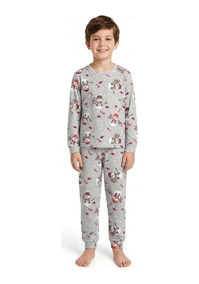 Zuzunga Unisex Yılbaşı Temalı Cute Kardan Adam Desenli Çocuk Pijama Takımı Gri