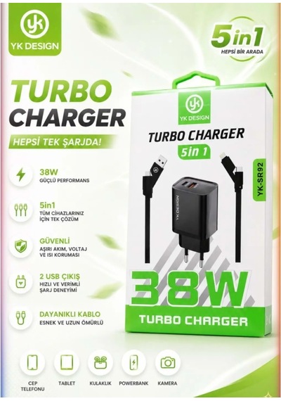 Yk Desıgn Yk-sr92 38w Çoklu Kablolu Turbo Ev Tipi Şarj Aleti Siyah