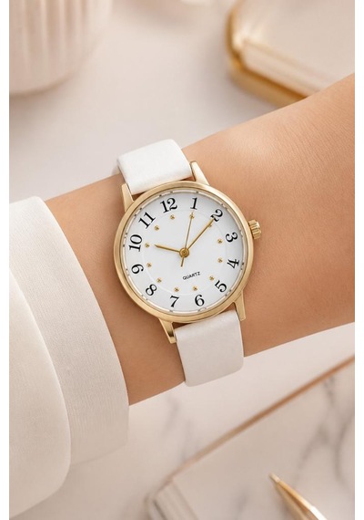 Kadın Kol Saati Beyaz Deri Kordon Sarı Kasa Beyaz Analog Kadran St-304458