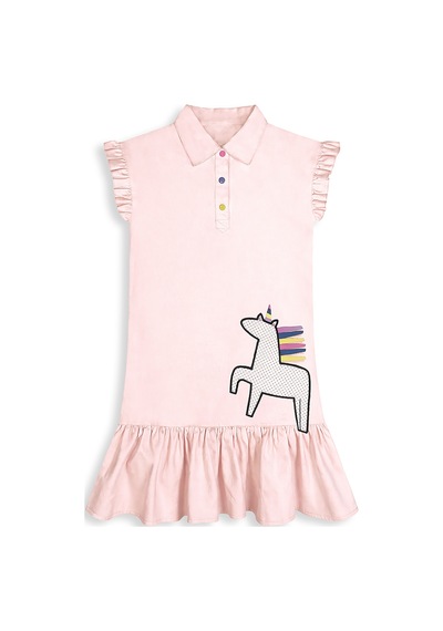 Kız Çocuk Elbise Unicorn Aplikeli %100 Pamuk Gömlek Stil Elbise 4-9 Yaş