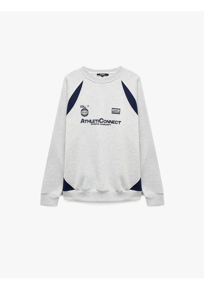 Koton Renk Bloklu Bisiklet Yaka Uzun Kollu Baskılı Sweatshirt Gri 7wam70027mk