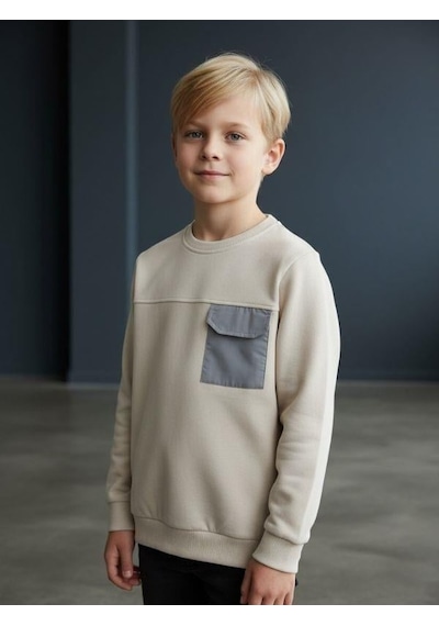 Zekids Erkek Çocuk Cep Detaylı Pamuklu İnce Sweatshirt-16650 Bej