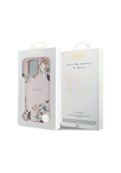 Apple Uyumlu iPhone 14 Pro Max Kılıf Guess Lisanslı M-safe Özellikli Taneli Çiçek Tasarımlı Metal Logolu Pembe