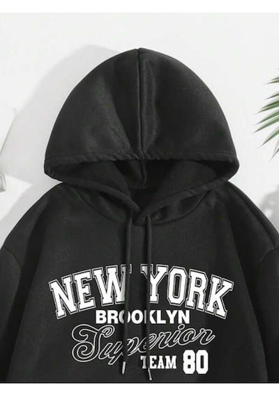 Siyah New York Team Baskılı Kapüşonlu Sweatshirt Ve Eşofman Altı Eşofman Takımı Siyah