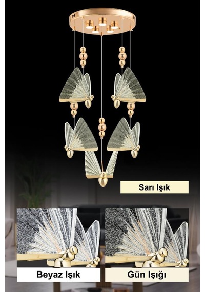 İstanbul Avize İpek 5'li Gold Ledli 3 Renk Modern Led Avize Gold