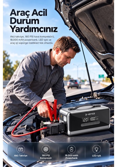 Araç Süpürgeli Akü Takviyeli Jump Starter & 160 Psı Kompresör Araç Kiti 18.000 Mah