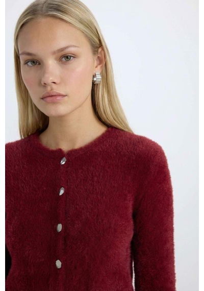 DeFacto Regular Fit Bisiklet Yaka Düğmeli Triko Bordo Hırka E2428AX24WNBR248 Bordo