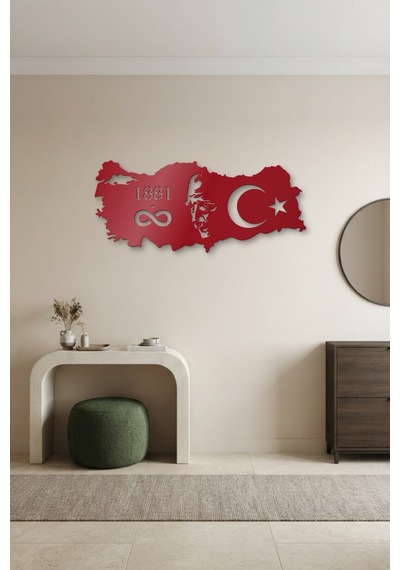 Atatürk Harita Metal Duvar Tablosu - Duvar Sanatı - Duvar Dekoru - Kırmızı