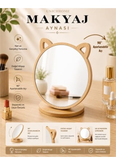 Unichrome Kedi Ayna Ahşap Standlı Masa Üstü Makyaj Aynası Make Up 14 Açık Bej