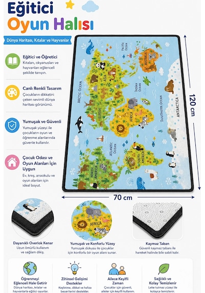 Sonictouch Çocuk Oyun Halısı İngilizce Eğitici Dünya Haritası ve Hayvanlar 70x120 CM İsme Kişiye Özel