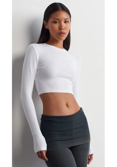 Seeh Ekru Bisiklet Yaka Uzun Kollu Kadın Top Body Sh216