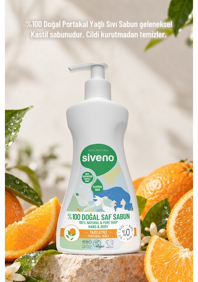 Siveno %100 Doğal Sıvı Kastil Sabun Portakal Yağlı Tazeleyici Nemlendirici Bitkisel Vegan 300 ML