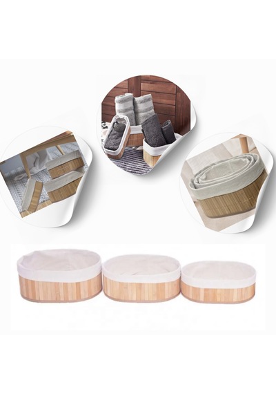 3'lü Bambu Sepet - Naturel Astarlı Çok Amaçlı Saklama Kutusu Bej