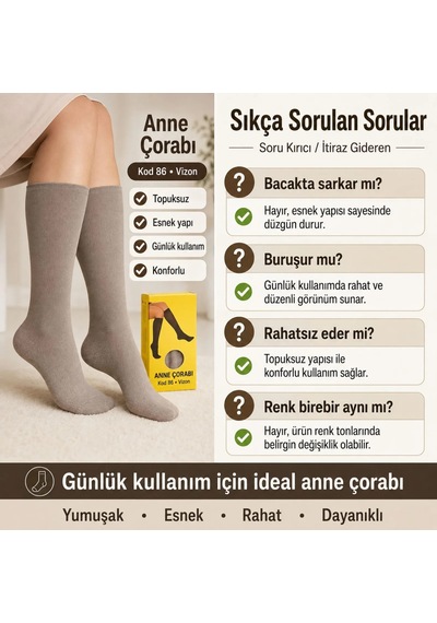Genel Kadın 40 Denye İnce Anne Çorabı 12'li Dizaltı Topuksuz Esnek, Ten Siy Vizon / Standart / 12 Adet