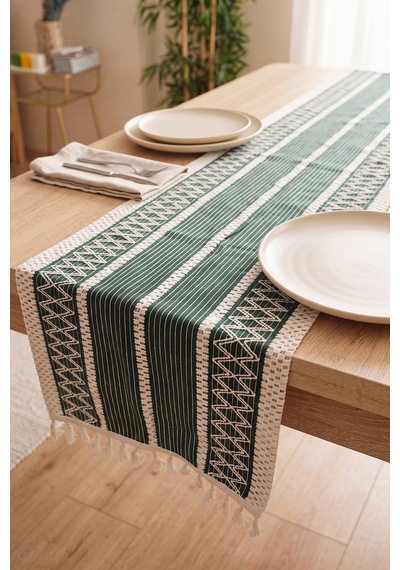 Haki Regina Pamuklu Püsküllü Runner 35x145 Cm