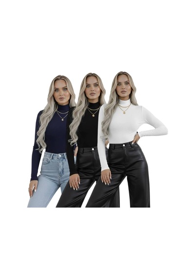 Hashtag Kadın Balıkçı Yaka Uzun Kollu Body 3'lü Set Viskon Kumaş Siyah Lacivert Beyaz