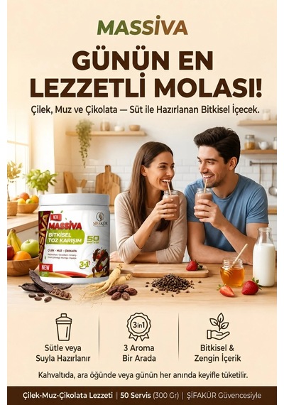 Ginsengli Toz İçecek Karışımı 300 g 50 Servis Çilek Muz Çikolata Aromalı (Massiva)