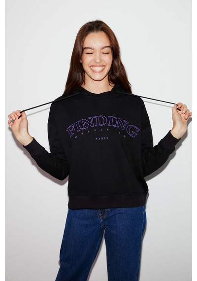 Ethıquet Sydney Kadın İçi Polarlı Önü Nakışlı Regular Fit Kapüşonlu Siyah Sweatshirt