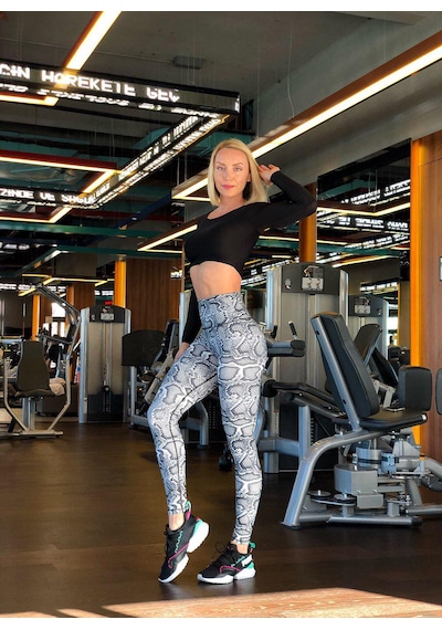 Lismina Gri Yılan Derisi Desenli Toparlayıcı Spor Tayt Gri - Beyaz - Siyah