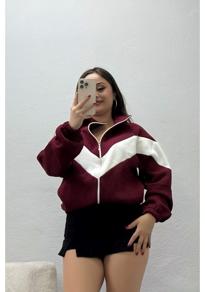 Belendir Kadın 3 İplik Oversize Fermuarlı Sweat Bordoekru Bordo
