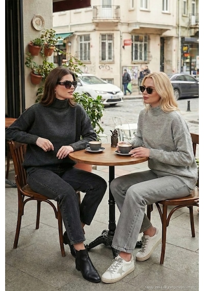 Lela Oversize Fit Balıkçı Yaka Yumuşak Dokulu 2'Li Paket Triko Bayan Kazak 680Kz00469S2 Antrasit-Açık Gri