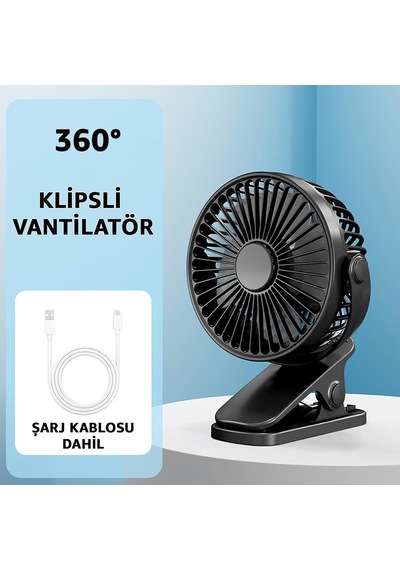 Robeve Şarjlı Usb Mini Klipsli Vantilatör Fan - 3 Kademeli - 360 Hareketli - Bebek Arabası, Ofis, Masaüstü, Kamp