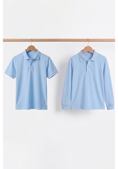 Nacar Store Unisex Çocuk Uzun Ve Kısa Kollu Polo Yaka Okul Tişörtü 2'li Set Bebek Mavi
