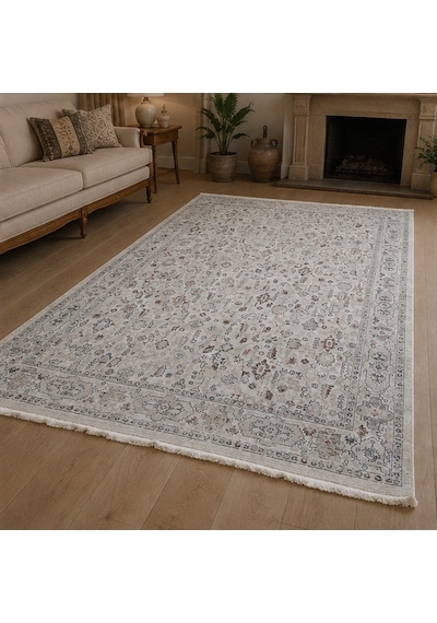 Krem Eskitme Otantik Desenli Saçaklı Polip Tabanlı Modern Halı 200 x 290 CM