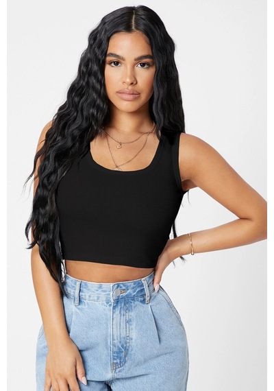 Angbutik Kadın Siyah Kare Yaka Crop Top Bluz
