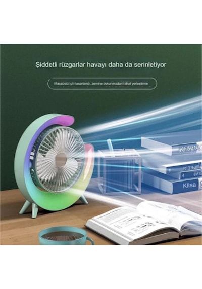 Masaüstü Vantilatör Usb Şarjlı Rgb Led Işıklı 3 Kademeli 180 Ayarlanabilir Soğutucu Fan Yeşil Çok Renkli