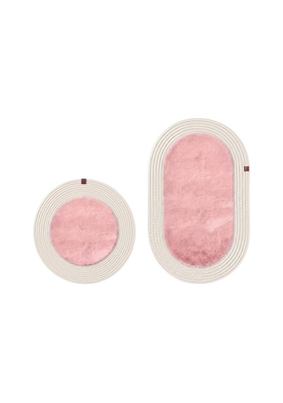 Banyo Paspası Takımı 60x100+60x60 Cm Düz Pembe & Krem