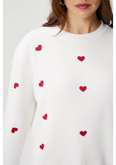 Kadın Pretty Beyaz Kırmızı Minik Kalp Sweatshirt Beyaz - Kırmızı