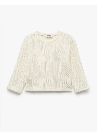 Koton Dokulu 3/4 Kollu Bisiklet Yaka Crop Sweatshirt Bej 6wkg10064ak Ekru
