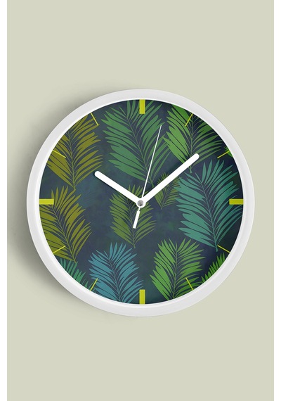 Tropikal Yaprak Desenli Modern Duvar Saati - 25cm - Önü Camlı Beyaz Kasa - Sessiz Mekanizma-jh0575 Beyaz