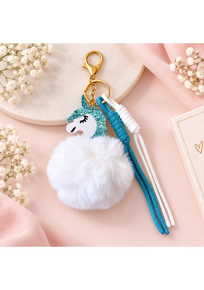 Mavi - Beyaz Unicorn Ponponlu Çanta Charmı