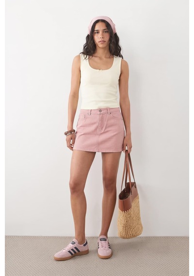 Blue White %100 Pamuk Yüksek Bel Mini Jean Etek Pembe