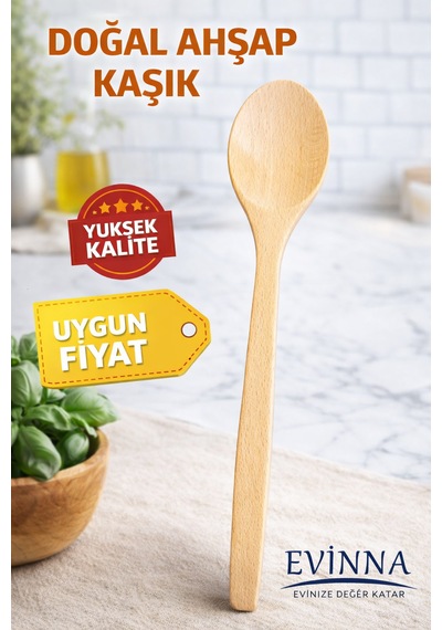Evinna - 6'lı Ahşap Kaşık Seti Doğal Tahta Karıştırma Ve Servis Kaşığı 19cm