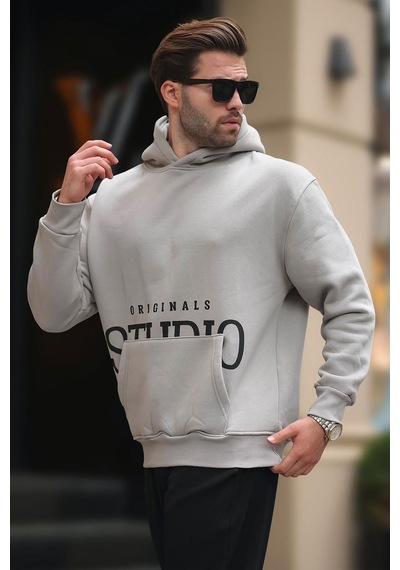 Madmext Boyalı Gri Kapüşonlu Baskılı Cep Detaylı Sweatshirt E7076 Gri