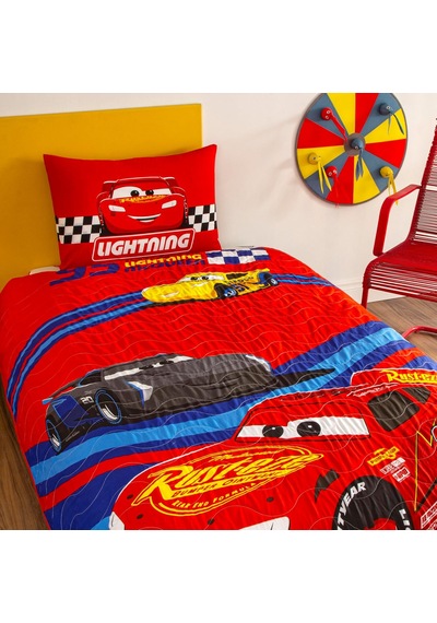 Disney Cars Race Track Standart Pamuk Nevresim Takımı, Kırmızı, Tek Kişilik Çok renkli