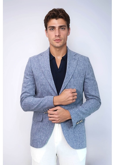 Koyu Mavi Keten Dokulu Gold Renk Metal Düğmeli Slim Fit Erkek Blazer Ceket - Wessi Navy Blue