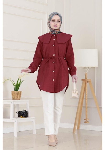 Sevitli Beli Bağcık Detaylı Geniş Yaka Tunik-bordo-4989 Bordo