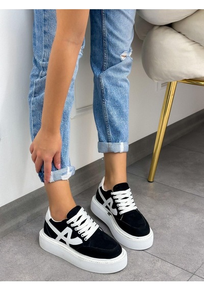 Erva'nın Butiği Siyah Beyaz Tig Kadın Bağcıklı Sneakers-4890 Siyah Beyaz Süet