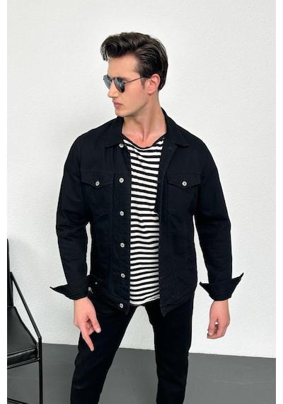HLT Jeans Erkek Siyah Jean Denim Standart Kalıp %100 Pamuk Cepli Düğmeli Kot Ceket 001