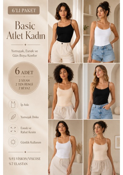 Loule Kadın 6'lı Dantel Detaylı İp Askılı Atlet 2 Si Yah-2 Beyaz-2 Ten Çok Renkli