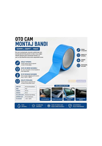 Oto Cam  Bandı 50 Mm X 66 Metre Mavi Otomotiv Cam Yapıştırma Ve Sabitleme Bandı