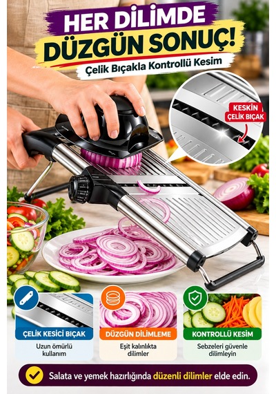 Paslanmaz Çelik Mandolin Sebze Dilimleyici Ayarlanabilir Kalınlık Patates Soğan Salatalık Doğrayıcı Set Yeşil