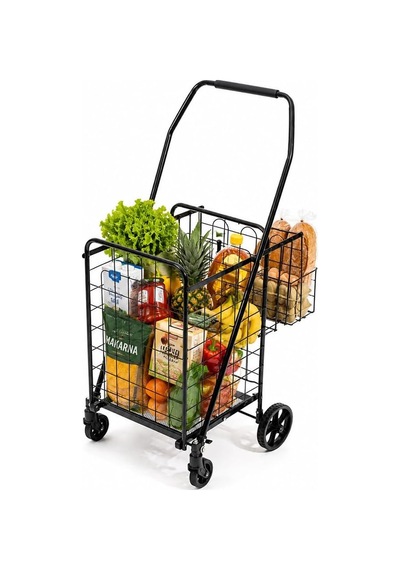 4 Tekerlekli 60 L Katlanabilir Kılıflı Pazar Arabası 360 Dönebilen Metal İskeletli Siyah Alışveriş Arabası