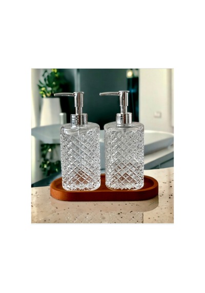 Ahşap Standlı 2 Li Cam 500 Ml Gri Başlıklı Sıvı Sabun Bulaşık Deterjan Şişesi Sabunluk Set Şeffaf Şeffaf